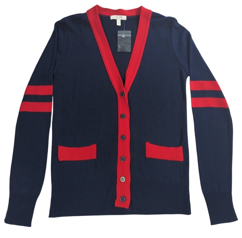 NWT VTG dELiAs Womens Cardigan XS Navy Red Striped Trim Acrylic Button Front